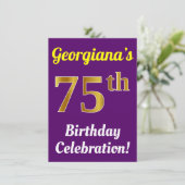Paarse, Faux Gold 75ste verjaardagsviering + naam Kaart (Staand voorkant)