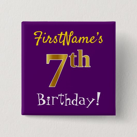 Paarse, Faux Gold 7th Birthday, met aangepaste naa Vierkante Button 5,1 Cm (Voorkant)