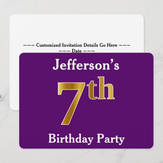 Paarse Faux Gold 7th Birthday Party + aangepaste n Kaart (Voorkant / Achterkant)