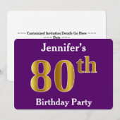 Paarse, Faux Gold 80ste verjaardagsfeestje; aangep Kaart (Voorkant / Achterkant)