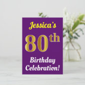 Paarse Faux Gold 80th Birthday Celebration + naam Kaart (Staand voorkant)