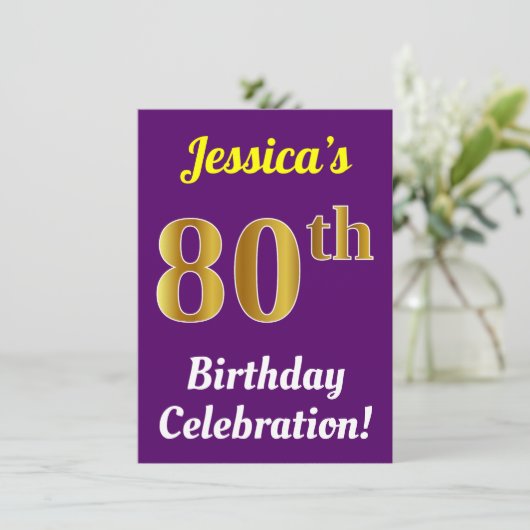 Paarse Faux Gold 80th Birthday Celebration + naam Kaart (Staand voorkant)