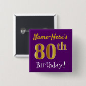 Paarse Faux Gold 80th Birthday, met aangepaste naa Vierkante Button 5,1 Cm (Voorkant /achterkant)