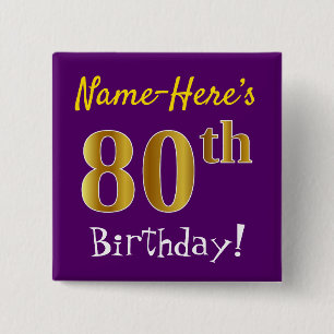 Paarse Faux Gold 80th Birthday, met aangepaste naa Vierkante Button 5,1 Cm