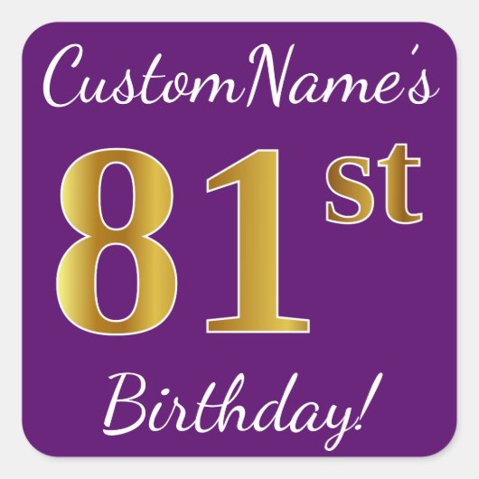 Paarse Faux Gold 81st Birthday + Aangepaste naam Vierkante Sticker (Voorkant)