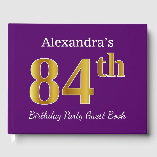 Paarse Faux Gold 84th Birthday Party; Eigen naam Gastenboek (Voorkant)