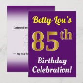 Paarse Faux Gold 85th Birthday Celebration + naam Kaart (Voorkant / Achterkant)