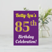 Paarse Faux Gold 85th Birthday Celebration + naam Kaart (Staand voorkant)