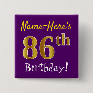 Paarse Faux Gold 86th Birthday, met aangepaste naa Vierkante Button 5,1 Cm