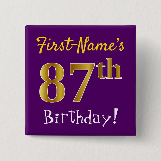 Paarse Faux Gold 87th Birthday, met aangepaste naa Vierkante Button 5,1 Cm (Voorkant)