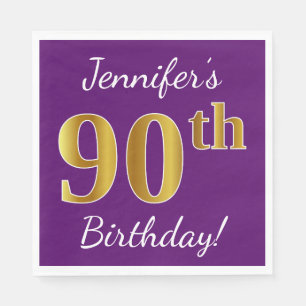 Paarse, Faux Gold 90th Birthday + aangepaste naam Servetten