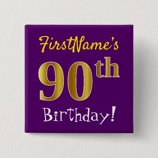 Paarse Faux Gold 90th Birthday, met aangepaste naa Vierkante Button 5,1 Cm (Voorkant)