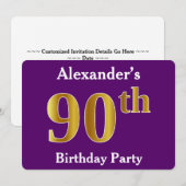 Paarse Faux Gold 90th Birthday Party; eigen naam Kaart (Voorkant / Achterkant)