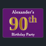 Paarse Faux Gold 90th Birthday Party; eigen naam Kaart<br><div class="desc">Dit uitnodigingsontwerp heeft het rangtelwoord "90th" met een faux goudachtige uitstraling. Het heeft ook een gepersonaliseerde naam en een paarse achtergrond. De evenementgegevens op de achterkant kunnen worden gepersonaliseerd. Het kan worden gebruikt om mensen uit te nodigen voor iemands negentigste verjaardagsfeestje. [~Z0000014]</div>