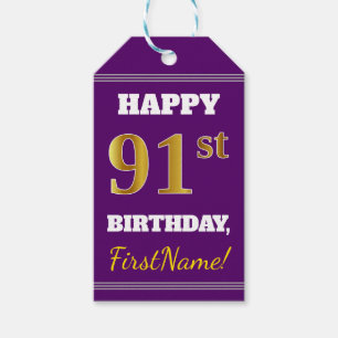 Paarse Faux Gold 91st Birthday + Aangepaste naam Cadeaulabel
