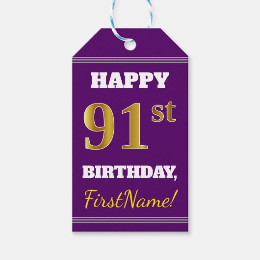 Paarse Faux Gold 91st Birthday + Aangepaste naam Cadeaulabel (Voorkant)
