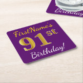 Paarse Faux Gold 91st Birthday + Aangepaste naam Kartonnen Onderzetters (Schuin)