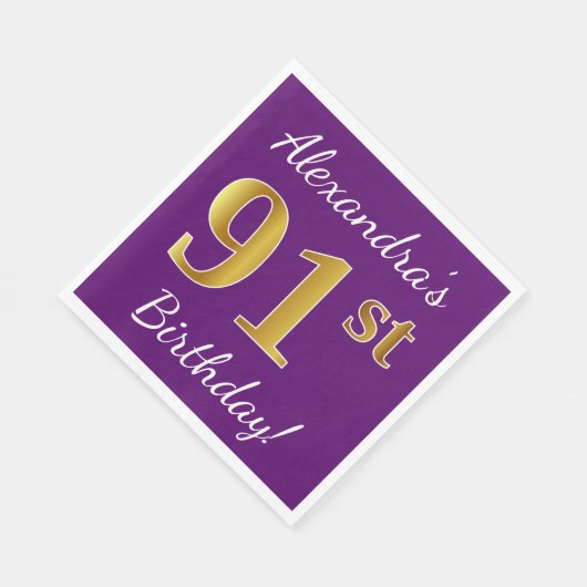 Paarse Faux Gold 91st Birthday + Aangepaste naam Servet (Hoek)