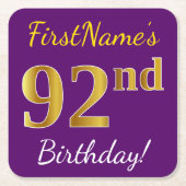 Paarse Faux Gold 92e verjaardag + Aangepaste naam Kartonnen Onderzetters (Voorkant)