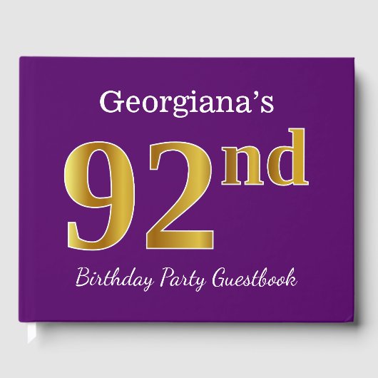 Paarse Faux Gold 92nd Birthday Party; Eigen naam Gastenboek (Voorkant)