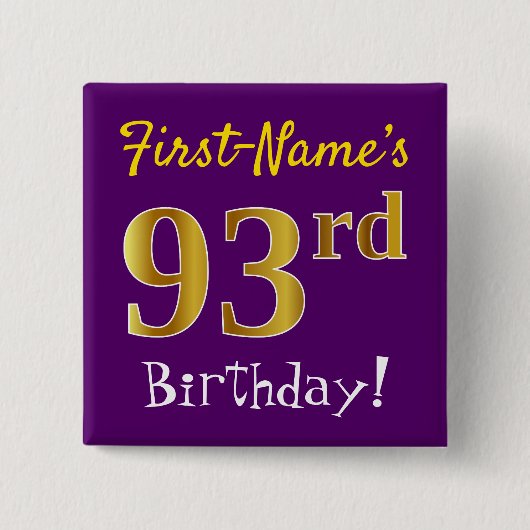 Paarse Faux Gold 93rd Birthday, met aangepaste naa Vierkante Button 5,1 Cm (Voorkant)