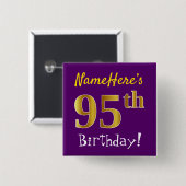 Paarse Faux Gold 95th Birthday, met aangepaste naa Vierkante Button 5,1 Cm (Voorkant /achterkant)