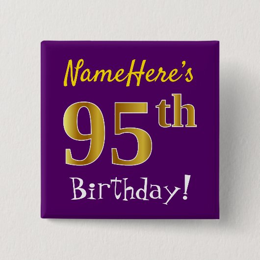 Paarse Faux Gold 95th Birthday, met aangepaste naa Vierkante Button 5,1 Cm (Voorkant)