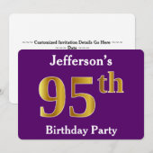 Paarse Faux Gold 95th Birthday Party; Aangepaste n Kaart (Voorkant / Achterkant)
