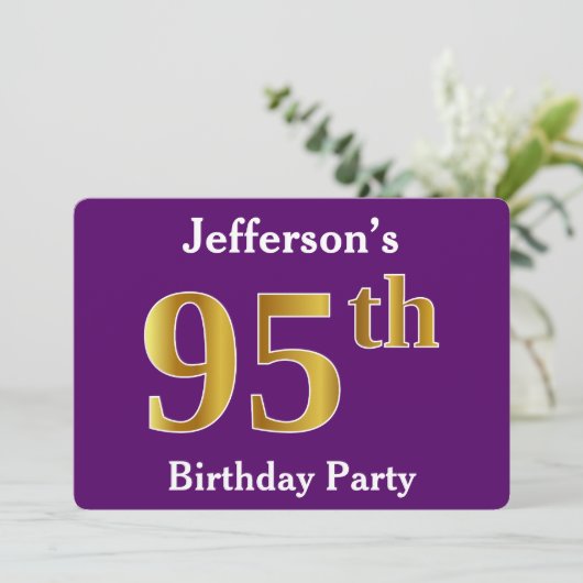 Paarse Faux Gold 95th Birthday Party; Aangepaste n Kaart (Staand voorkant)