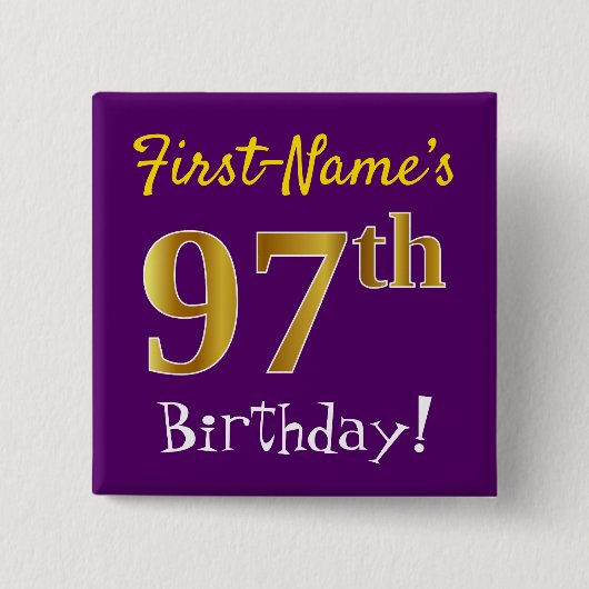 Paarse Faux Gold 97th Birthday, met aangepaste naa Vierkante Button 5,1 Cm (Voorkant)