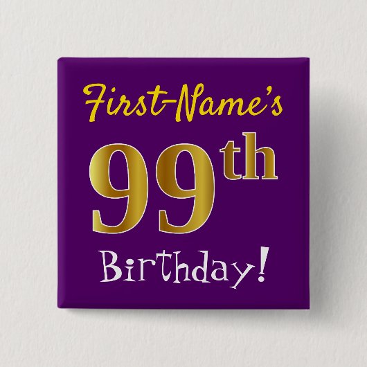 Paarse Faux Gold 99th Birthday, met aangepaste naa Vierkante Button 5,1 Cm (Voorkant)