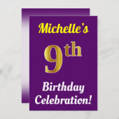 Paarse, Faux Gold 9e Verjaardagsviering + Naam Kaart (Voorkant / Achterkant)