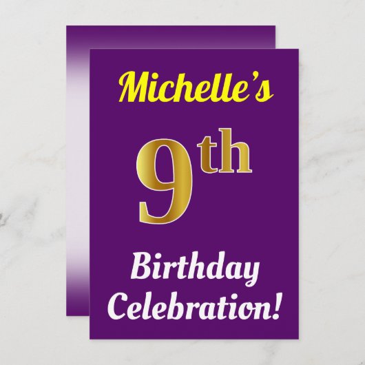 Paarse, Faux Gold 9e Verjaardagsviering + Naam Kaart (Voorkant / Achterkant)