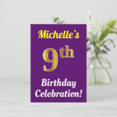 Paarse, Faux Gold 9e Verjaardagsviering + Naam Kaart (Staand voorkant)