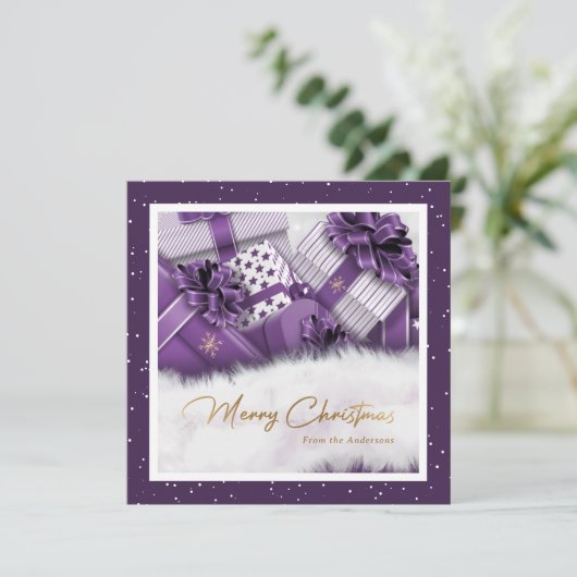 Paarse Faux Gold Foil Snow geeft kerstKaarten Feestdagenkaart (Staand voorkant)