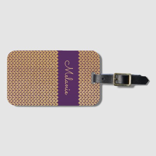Paarse Faux Gold gebreid patroon gepersonaliseerd Bagagelabel (Voorkant (horizontaal))