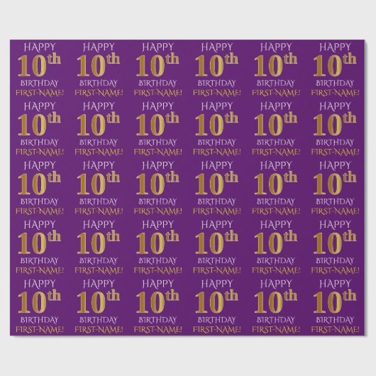 Paarse, Faux Gold "HAPPY 10th BIRTHDAY" Cadeaupapier (Vlak)