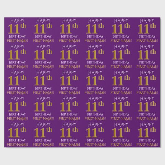 Paarse, Faux Gold "HAPPY 11th BIRTHDAY" Cadeaupapier (Vlak)