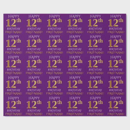 Paarse, Faux Gold "HAPPY 12th BIRTHDAY" Cadeaupapier (Vlak)