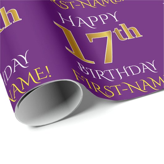 Paarse, Faux Gold "HAPPY 17th BIRTHDAY" Cadeaupapier (Rol Hoek)