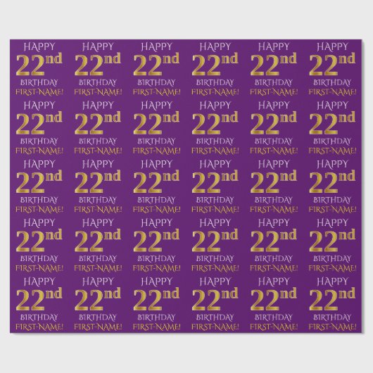 Paarse, Faux Gold "HAPPY 22nd BIRTHDAY" Cadeaupapier (Vlak)
