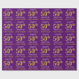 Paarse, Faux Gold "HAPPY 50th BIRTHDAY" Cadeaupapier