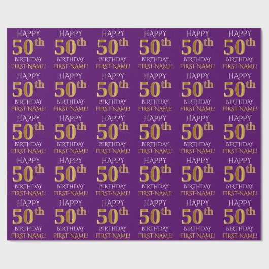 Paarse, Faux Gold "HAPPY 50th BIRTHDAY" Cadeaupapier (Vlak)