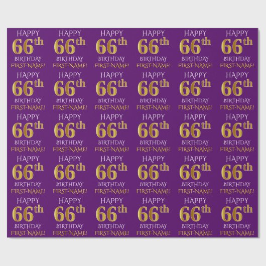 Paarse, Faux Gold "HAPPY 66th BIRTHDAY" Cadeaupapier (Vlak)