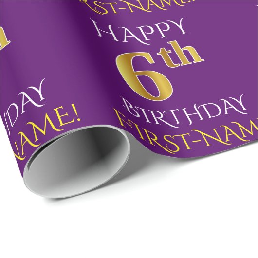 Paarse, Faux Gold "HAPPY 6th BIRTHDAY" Cadeaupapier (Rol Hoek)