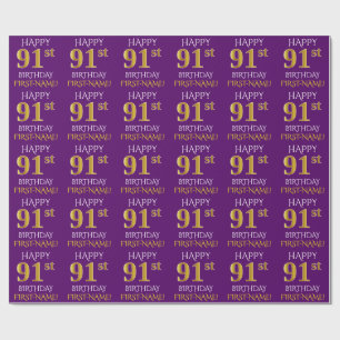 Paarse, Faux Gold "HAPPY 91st BIRTHDAY" Cadeaupapier