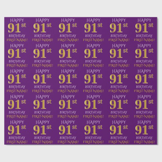 Paarse, Faux Gold "HAPPY 91st BIRTHDAY" Cadeaupapier (Vlak)