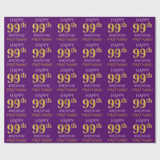 Paarse, Faux Gold "HAPPY 99th BIRTHDAY" Cadeaupapier (Vlak)