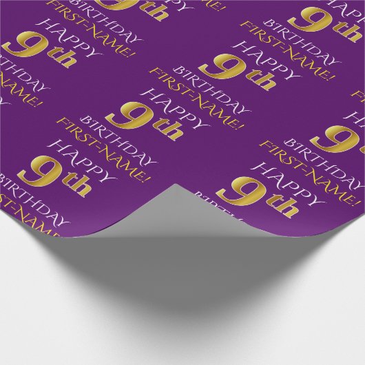 Paarse, Faux Gold "HAPPY 9th BIRTHDAY" Cadeaupapier (Hoek)