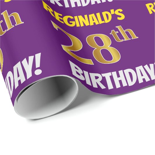 Paarse, Faux/Imitatiegoud, "28ste VERJAARDAG" Cadeaupapier (Rol Hoek)